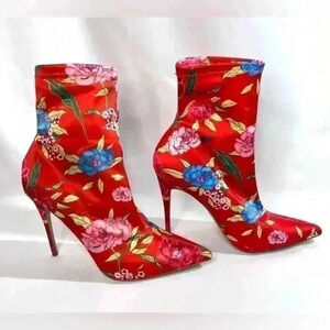 🌸ALDO Cirelle red Floral Print Sock satin Bootie boots 7.5